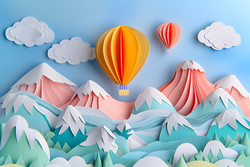 Hot air balloons and mountains. Paper-cut landscape