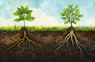 Illustration of two plants with visible roots in soil, showcasing root structures and plant growth above ground in a natural environment.