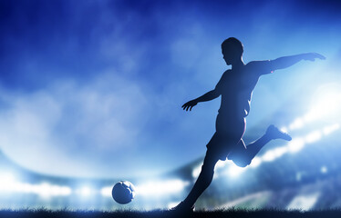 football, soccer match. a player shooting on goal