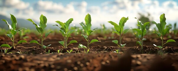 Canvas Print - 3D Illustration of Green Seedlings Emerging From Soil with Blue Sky Background