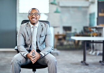 Canvas Print - Smile, pride and portrait of businessman in office with entrepreneurship for trading career. Confident, glasses and risk analyst from Brazil with knowledge on foreign exchange investment growth.