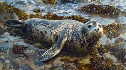 The seal's glossy skin shimmers as it lounges on the sunlit shore, creating a tranquil, picturesque scene.