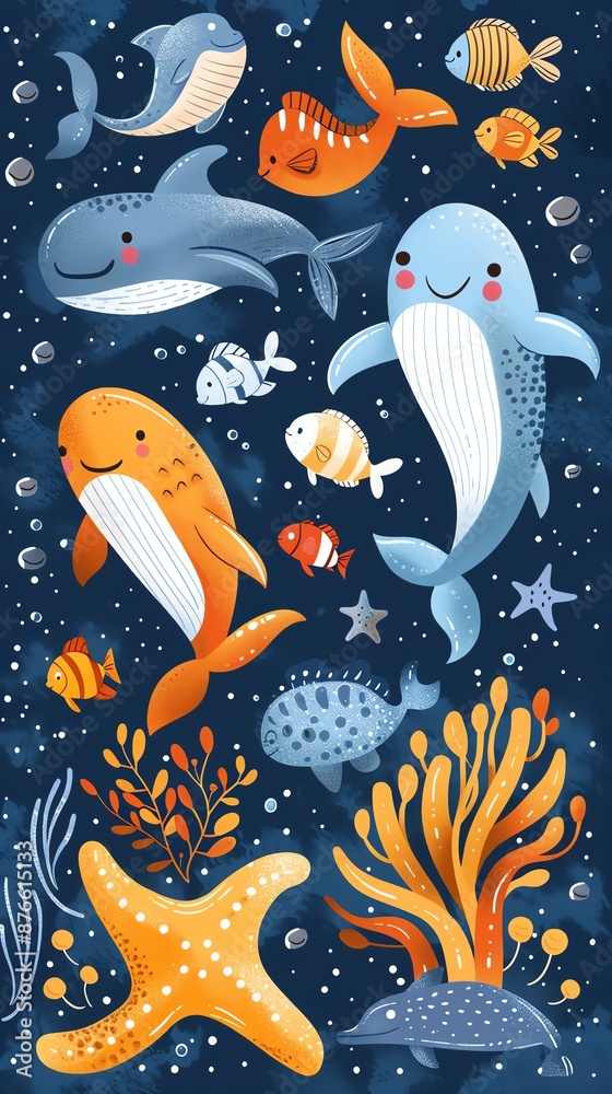 sea animals vector flat design front view sea creatures theme cartoon ...