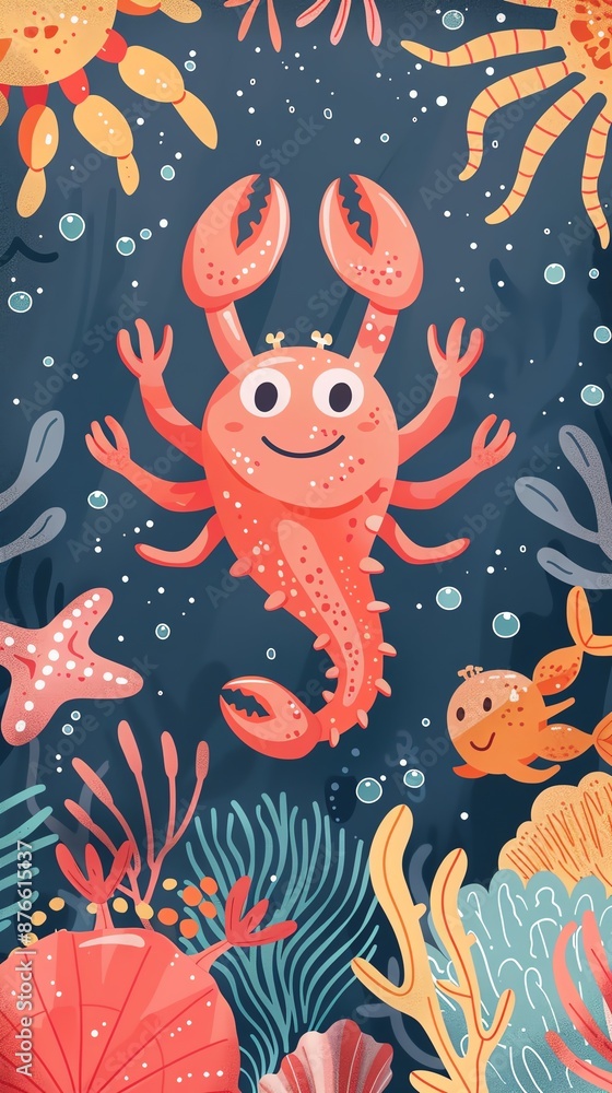 sea animals vector flat design front view sea creatures theme cartoon ...
