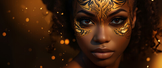 Young african or american black woman close-up with high gloss gold exotic make-up, glitter, in bamileke art style, brown and amber colors on dark and golden shiny sparkling background.