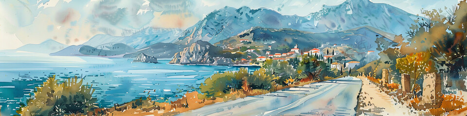 Wall Mural - watercolor painting of the mediterranean coast with mountains in background, generative AI