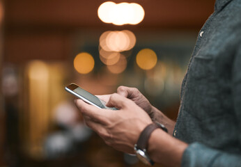 Poster - Man, typing hands and phone for social media, email notification and connection for search. Male person, fingers and mobile internet for chat app, message and online invitation for brewery launch