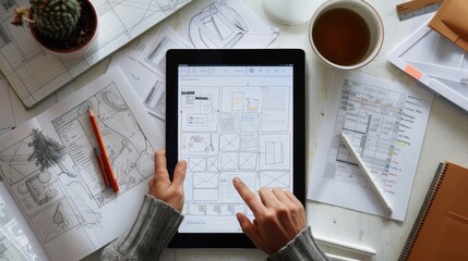 A person is using a tablet to draw a floor plan