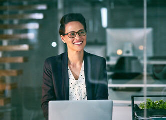 Poster - Consultant, thinking and woman with laptop, night and thoughts with planning for project ideas. Person, employee and agent with computer, evening or solution for startup, feedback or problem solving