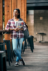 Poster - Indian girl, student and portrait at college with books for learning, studying and education on campus. Person, happy and backpack with novel for exam information, university scholarship or knowledge