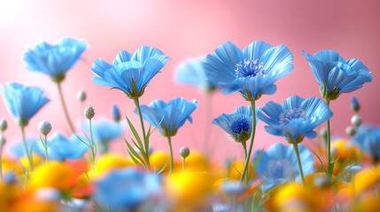 Wall Mural - A field of blue flowers with yellow flowers in the background