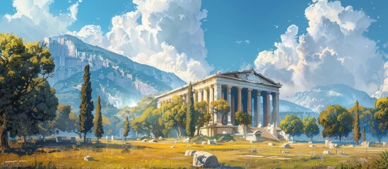 Ancient Greek Temple Amidst Majestic Mountains