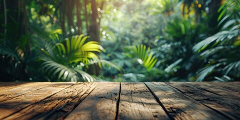 Wall Mural - The close up picture of the empty table that has been made from the wood material and placed inside the forest under the bright light from the sun with warm feeling in springtime of the year. AIGX02.