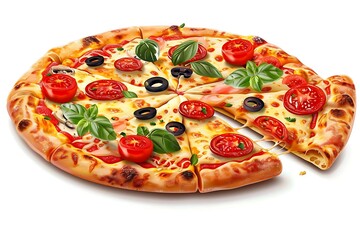 Wall Mural - Delicious Pizza Illustration with Melted Cheese, Tomatoes, and Olives