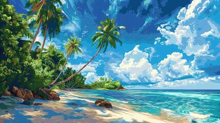 Sticker - Picturesque Tropical Beach with Verdant Palms and Azure Ocean