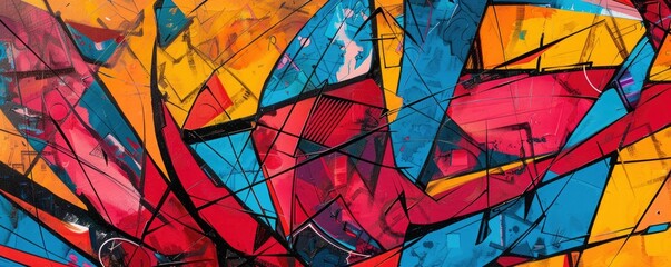 Poster - artwork with vibrant abstract shapes and circles in red, yellow, and blue, creating a dynamic and co