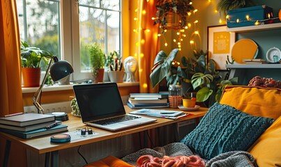 A cozy home office with a laptop on a desk and a green pillow on a chair