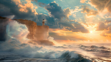 Wall Mural - A coastal cliffside with crashing waves and a lone lighthouse, bathed in the warm glow of a rising sun