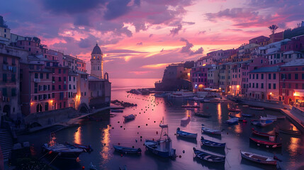 Wall Mural - a coastal town at twilight, with fishing boats bobbing in the harbor under a pastel-colored sky