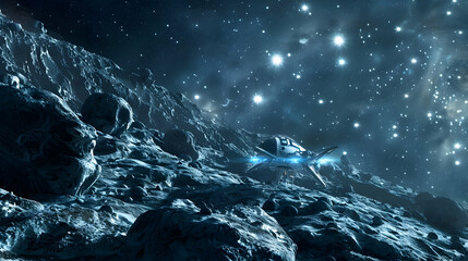 Wall Mural - A futuristic mining drone extracting minerals on an asteroid, with distant galaxies twinkling in the cosmic background