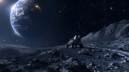 Wall Mural - A lunar rover exploring the rugged surface of the moon under a starry sky, with Earth visible in the distance