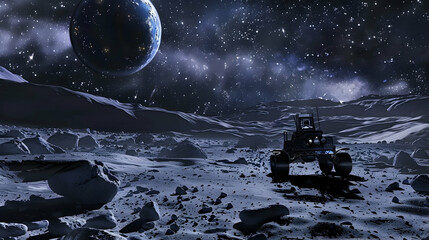 Wall Mural - A lunar rover exploring the rugged surface of the moon under a starry sky, with Earth visible in the distance