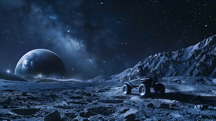 Wall Mural - A lunar rover exploring the rugged surface of the moon under a starry sky, with Earth visible in the distance