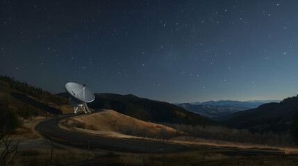 Wall Mural - A massive radio telescope dish points skyward, nestled in a remote mountain valley under a clear night sky