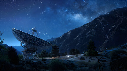 Wall Mural - A massive radio telescope dish points skyward, nestled in a remote mountain valley under a clear night sky
