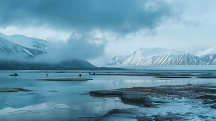 A photographer captures the serene beauty of an icy tundra with polar bears roaming in the distance