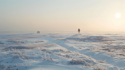 A photographer captures the serene beauty of an icy tundra with polar bears roaming in the distance