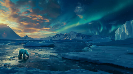 Wall Mural - A serene Arctic tundra with polar bears roaming among icebergs, under a twilight sky with hints of the Northern Lights