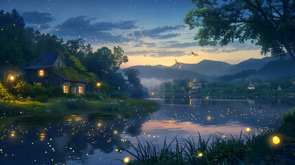 Wall Mural - A serene countryside at twilight, with fireflies dancing over a tranquil lake surrounded by quaint cottages and rolling hills