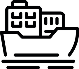 Poster - Cargo ship delivering goods to city port, simple black and white outline vector illustration