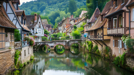 Wall Mural - A tranquil river winding through a medieval town with ancient stone bridges and timber-framed houses