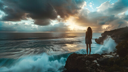 Wall Mural - A woman standing on a cliffside, watching the ocean waves crash against the rocks, with a dramatic cloudy sky
