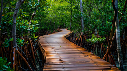 A wooden boardwalk meanders through a vibrant mangrove forest teeming with exotic birds and wildlife