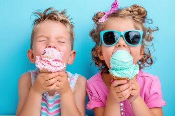 Cheerful children in casual outfits delighting in ice cream outdoors on a colorful background