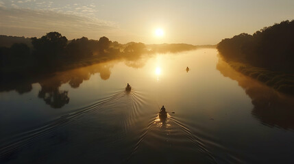 Wall Mural - Aerial shot of fishermen casting nets in a tranquil river at dawn, with mist rising from the water and soft morning light filtering through clouds