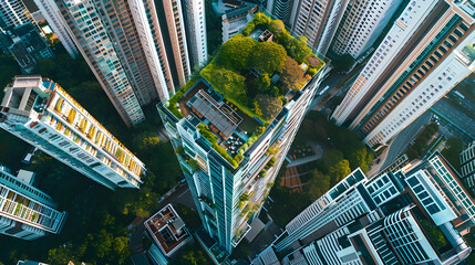 Wall Mural - Aerial view of a modern skyscraper in a bustling city with a green rooftop garden and surrounding high-rise buildings