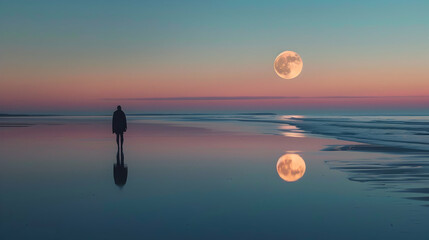 Wall Mural - ALone person walking in the beach water viewing the moon rise