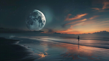 Wall Mural - ALone person walking in the beach water viewing the moon rise