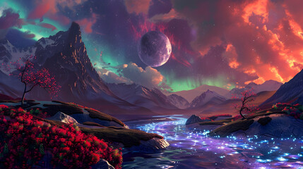 Wall Mural - An otherworldly landscape with bioluminescent flora along a river on an alien planet, under a swirling aurora