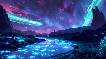 Wall Mural - An otherworldly landscape with bioluminescent flora along a river on an alien planet, under a swirling aurora