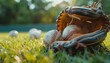© Creative_Bringer - Baseball in glove on field, blurred balls in background, closeup