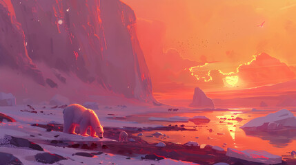 Wall Mural - Arctic coastline with icy waters shimmering under the midnight sun, polar bears roaming along the shore, and distant glaciers glowing in the fading light