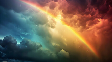 Wall Mural - Bright rainbow arching across a stormy sky with dark clouds, offering a dramatic and colorful contrast