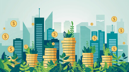 Poster - Money growing on trees in city with stacks of coins and lush greenery illustrating economic growth