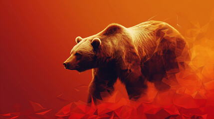 Poster - Powerful brown bear walking on geometric red background