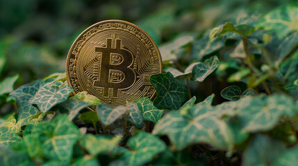 Poster - Gold bitcoin cryptocurrency coin lying on green leaves